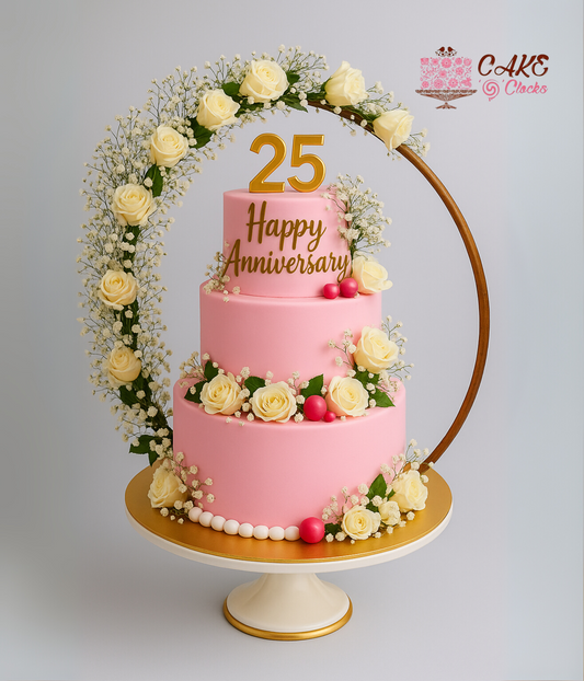 Elegant Pink 25th Anniversary Floral Cake