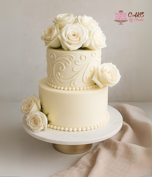 Classic Ivory Rose Wedding Cake