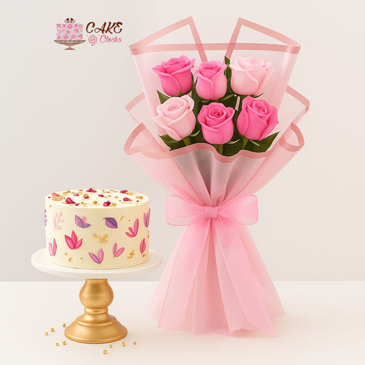 Pink Roses with Floral Buttercream Cake Combo