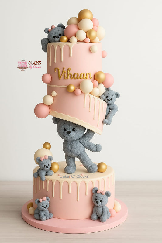 Pink Teddy Bear Anti-Gravity Cake