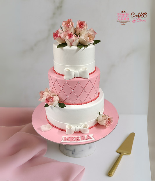Pink Bow Floral Cake