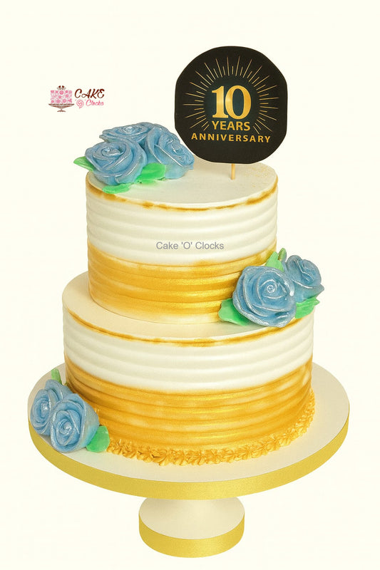 Golden & Blue Floral Anniversary Cake