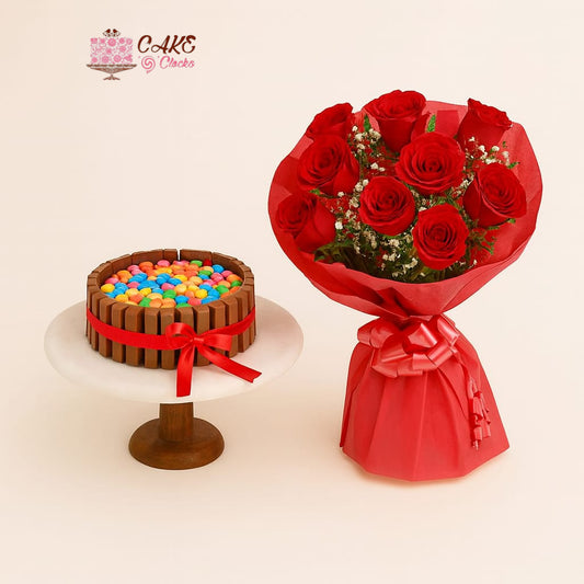 KitKat Gems Cake with Red Rose Bouquet