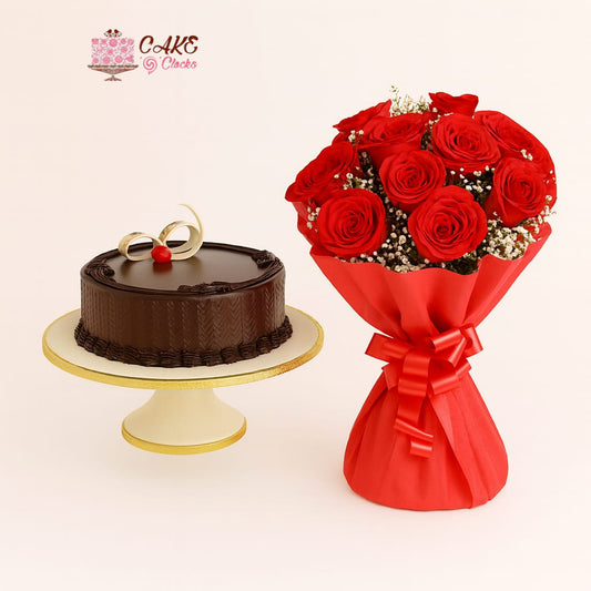 Red Rose Bouquet with Chocolate Truffle Cake