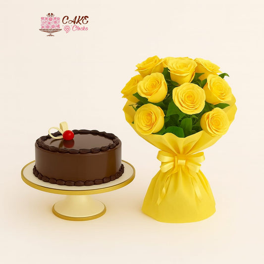 Yellow Roses with Chocolate Delight Cake