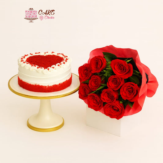 Red Velvet Heart Cake with Roses Bouquet