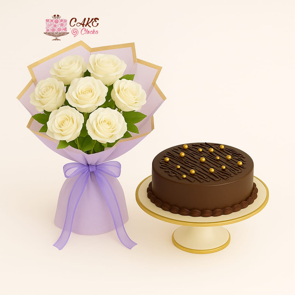 White Roses with Chocolate Fudge Cake