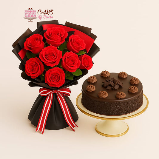 Red Roses with Rich Choco Cream Cake