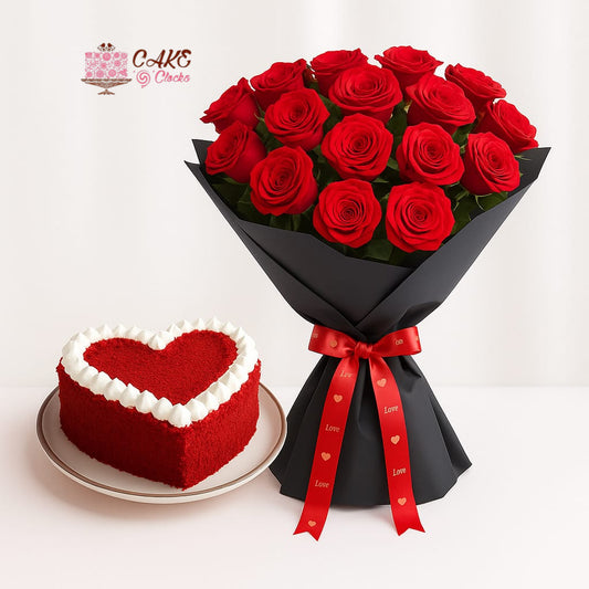 Red Velvet Heart Cake with Premium Roses