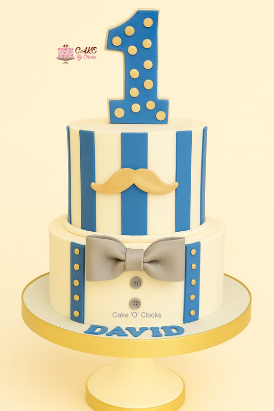 Blue Stripes Gentleman First Birthday Cake