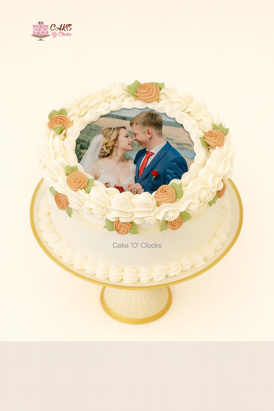 Wedding Photo Yellow Roses Swirl Cake